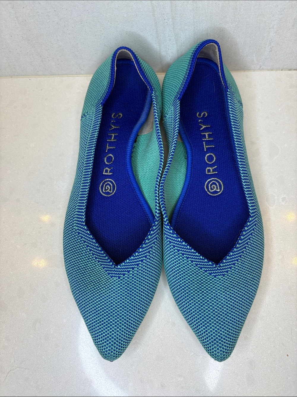 Rothy's Pointed Knit Flats in Teal and Royal Blue - Size 7.5
